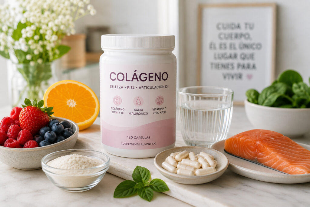 Suplemento de colágeno hidrolizado junto a alimentos ricos en colágeno, ejemplo de los mejores colágenos para piel y articulaciones.