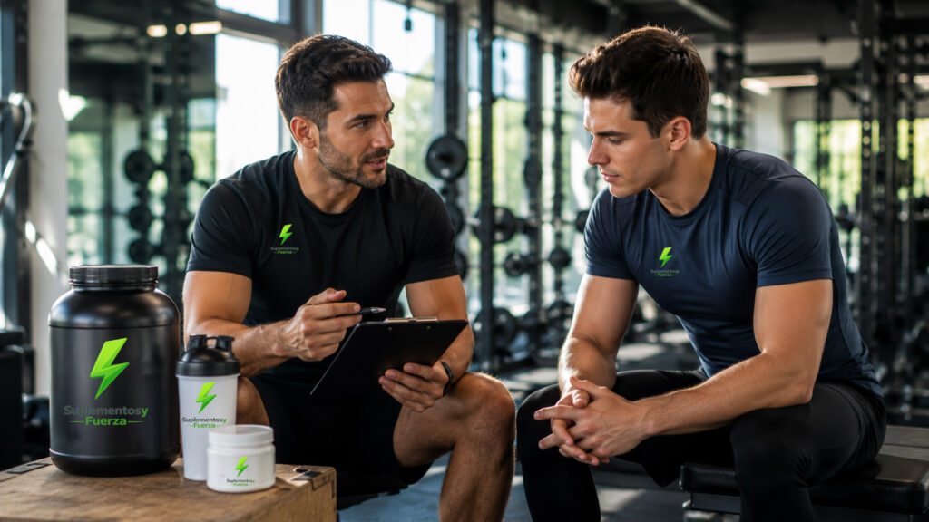 Entrenador y atleta planificando en el gimnasio