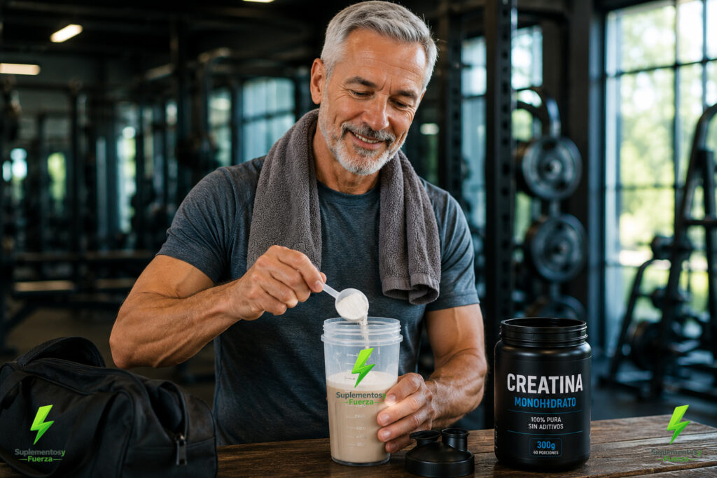 Hombre en el gimnasio preparando su batido