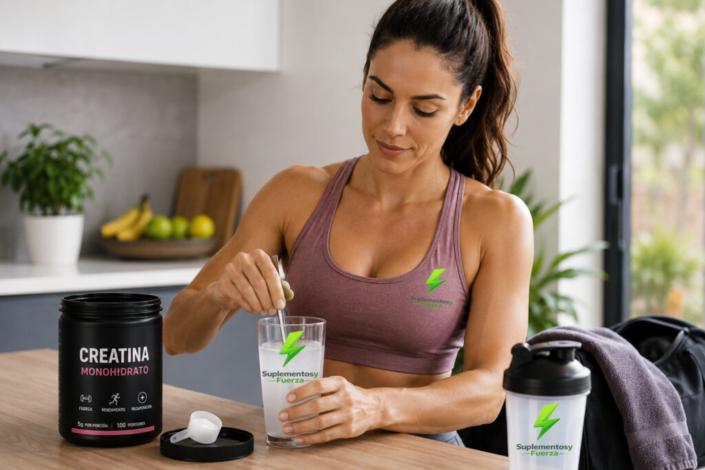 Mujer preparando bebida tras entrenamiento