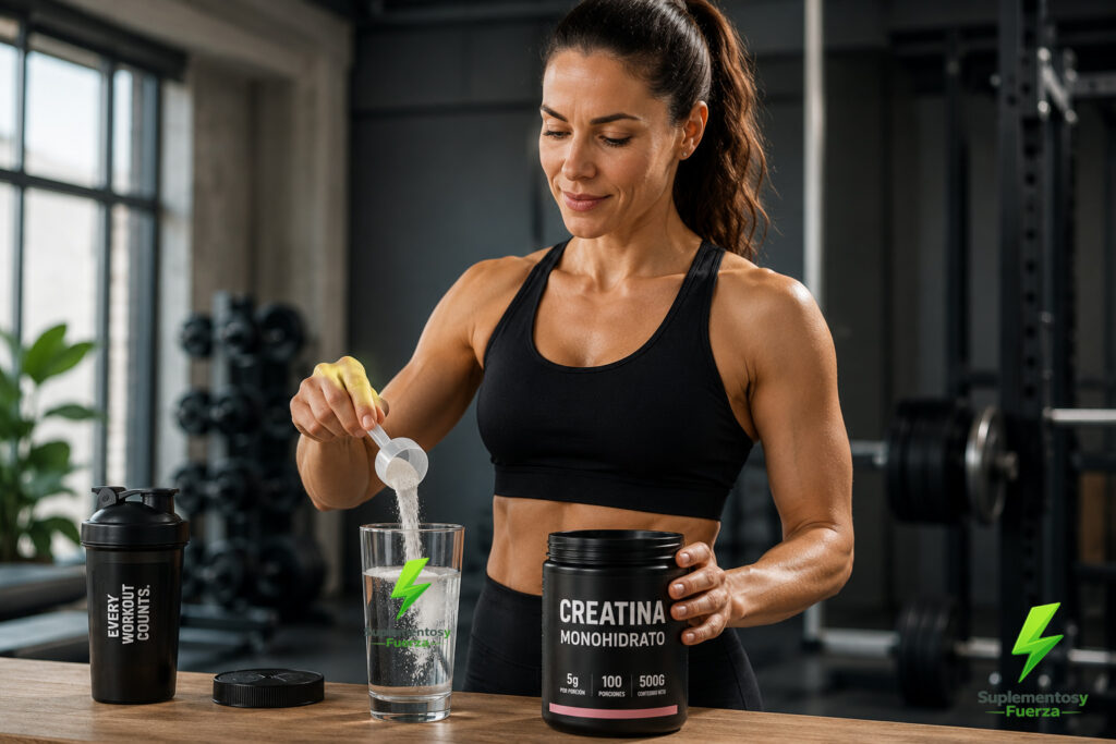 Preparando bebida de creatina en el gimnasio