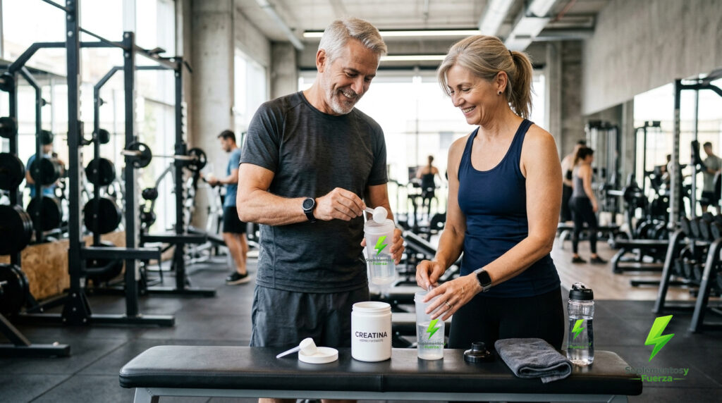hombre y mujer preparando creatina en el gym