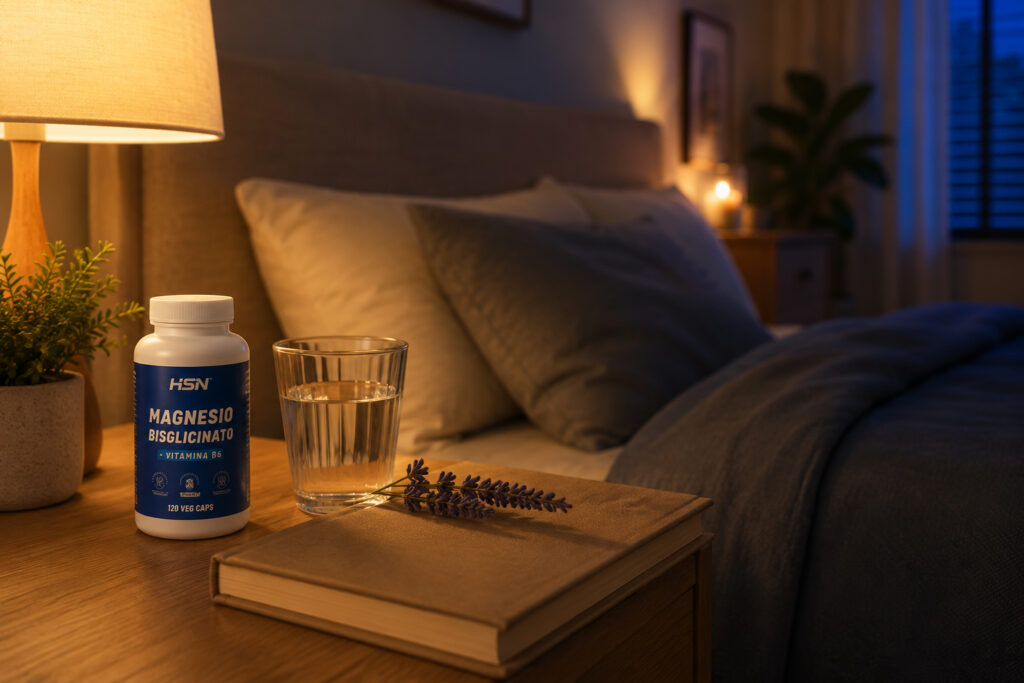 mesita de noche con suplemento de magnesio para descansar