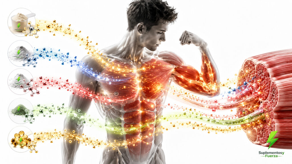 Suplementos para ganar masa muscular y nutrientes llegando al tejido muscular