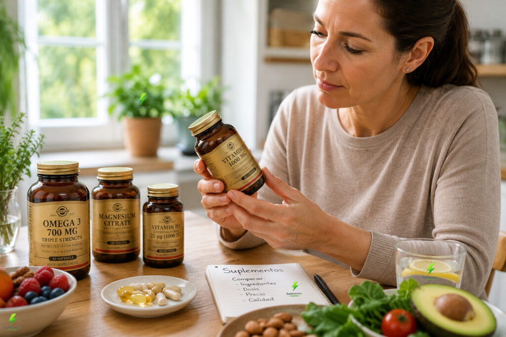 Mujer leyendo suplementos Solgar  en la cocina