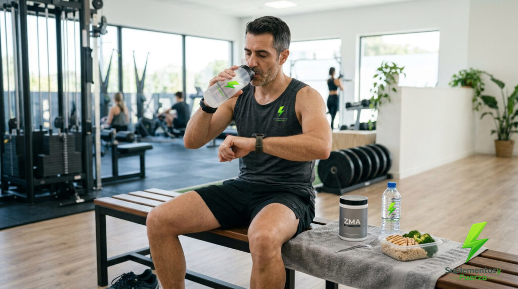 deportista tomando su dosis de ZMA en el gimnasio