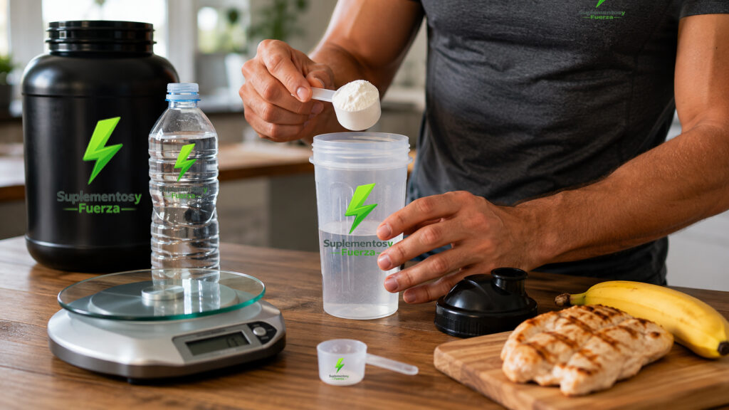 Preparación de una dosis de BCAA antes del entrenamiento junto a alimentos ricos en proteínas.
