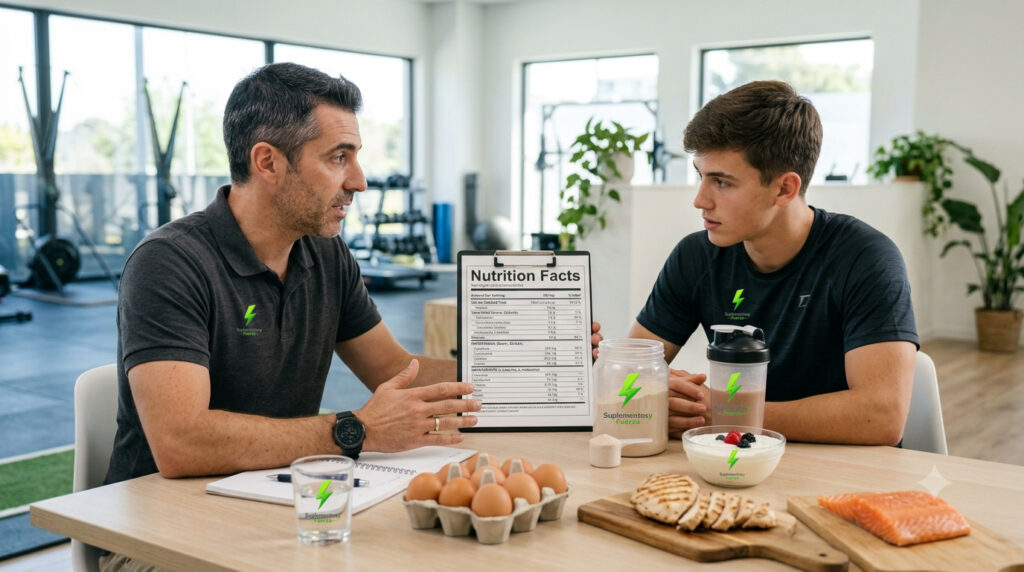 Nutricionista explicando cuándo los BCAA pueden ser útiles frente a una proteína completa.