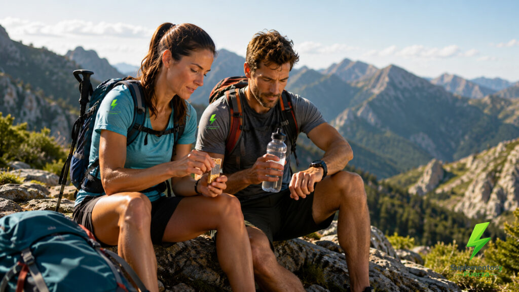 Personas activas realizando senderismo y manteniendo una correcta nutrición para favorecer la recuperación muscular con bcaa